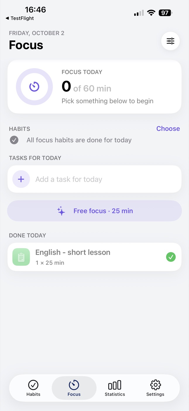 HabitsFlow Focus tab with today's focus minutes and tasks