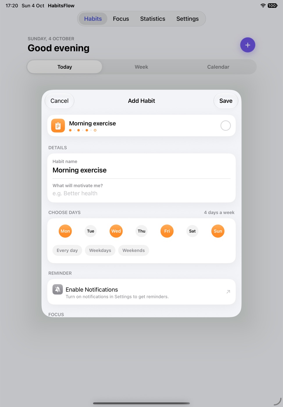 HabitsFlow Add Habit sheet with chosen days and a reminder