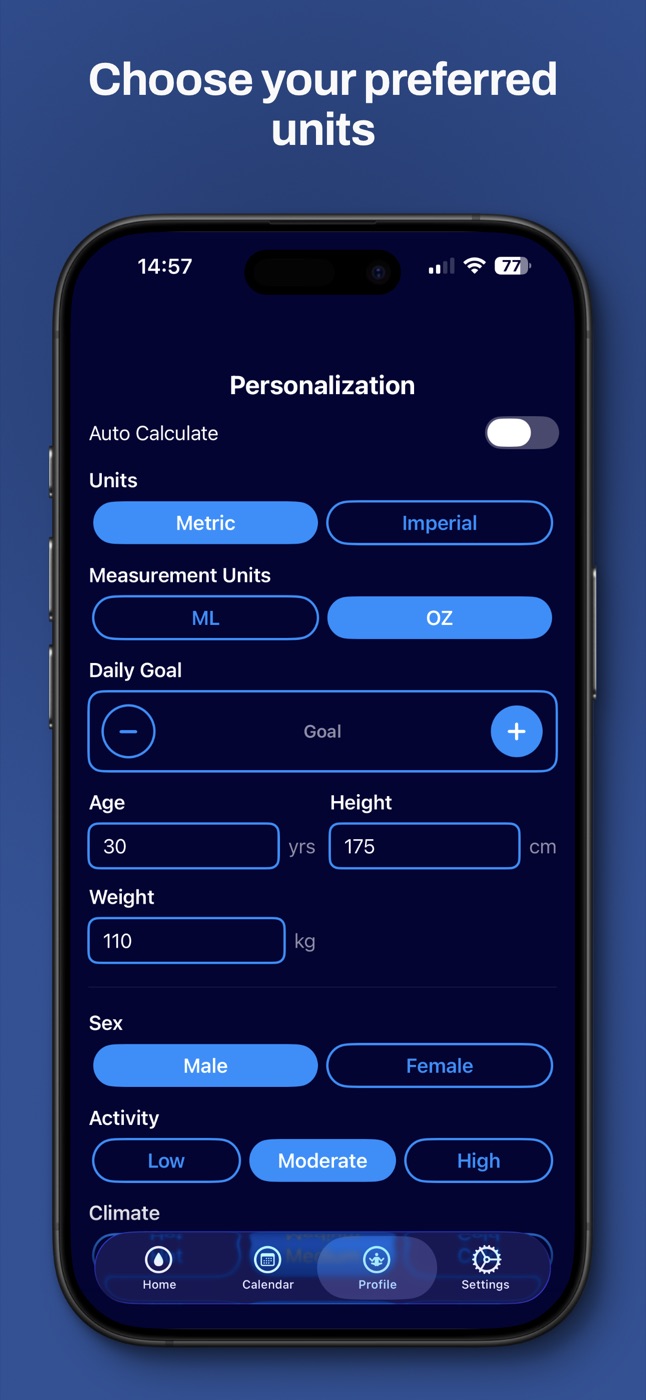 WaterTotter personalization screen with units, age, height, weight, sex, activity and climate